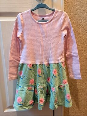 Tea Collection Pink and Green Floral Tiered Long Sleeve Dress